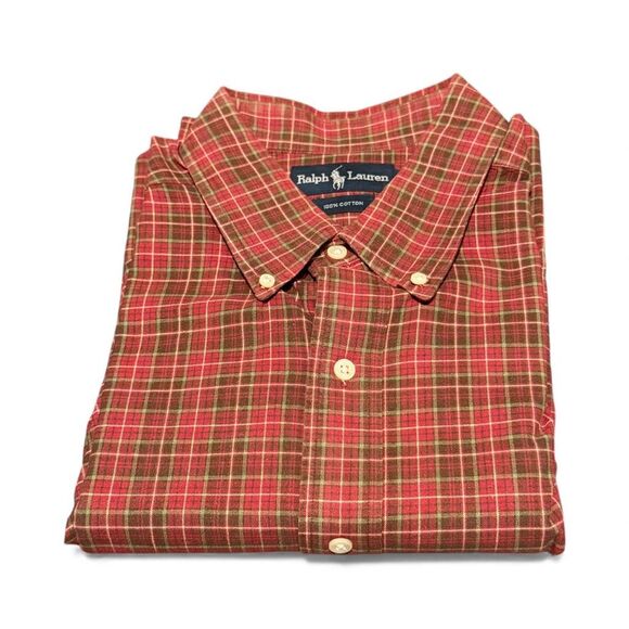 Ralph Lauren Men's 1X Big Red Green Plaid Cotton Button Front Shirt - Picture 3 of 5